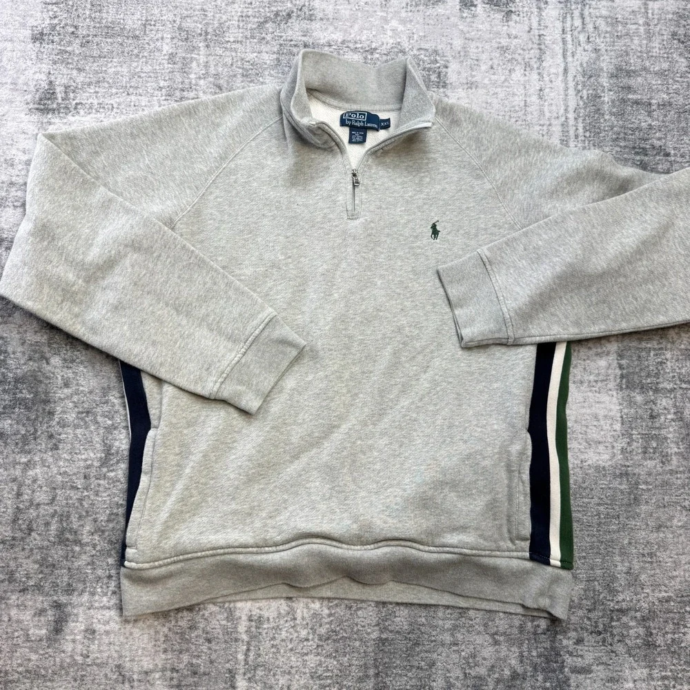VTG Polo Ralph Lauren Sweatshirt Men 2XL Gray Side Stripes 1/4 Zip Track Sweater - Picture 2 of 12